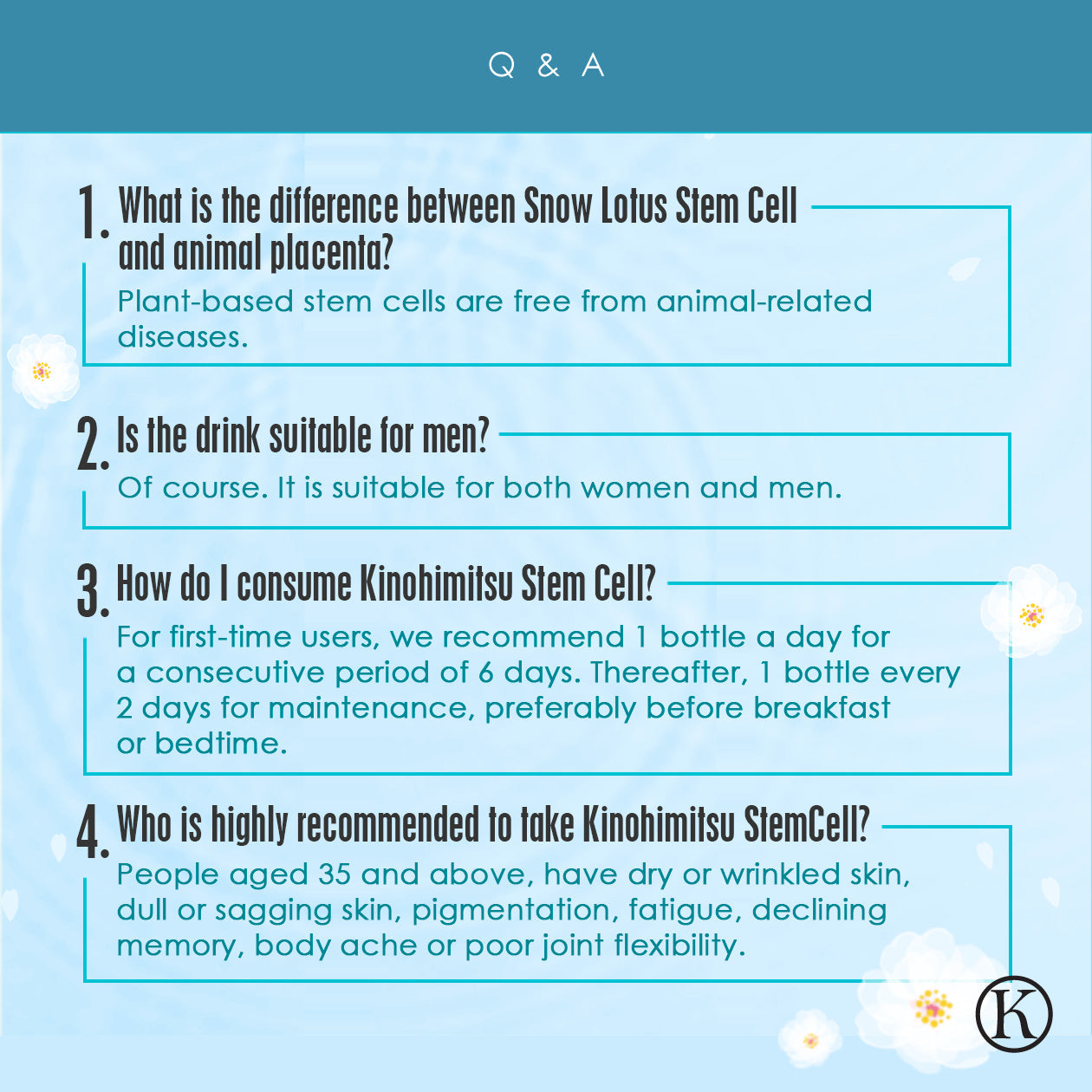 Q&A session on differences between Snow Lotus Stem Cell and animal placenta, suitability of drink for men, consumption instructions for Kinohimitsu Stem Cell, and recommendation for people aged 35+, with benefits for skin, fatigue, and joint flexibility.