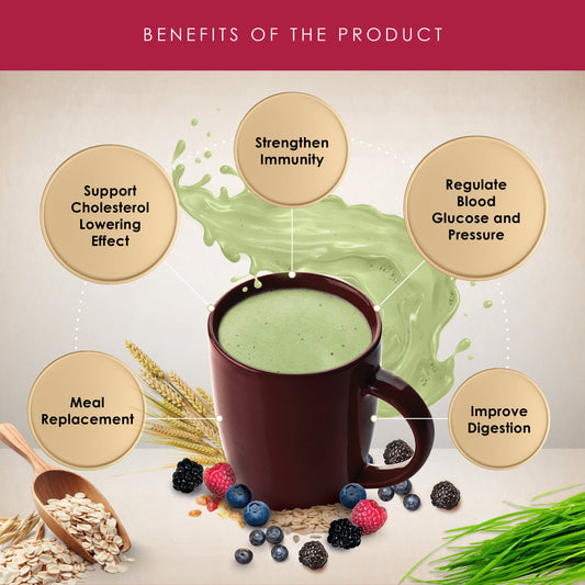 Image of a cup filled with green superfood beverage surrounded by oats, berries, and grains. Illustrated benefits include strengthening immunity, regulating blood glucose and pressure, supporting cholesterol lowering effect, meal replacement, and improving digestion. Benefits are visually depicted with infographics for Kinohimitsu Malaysia's superfood product.