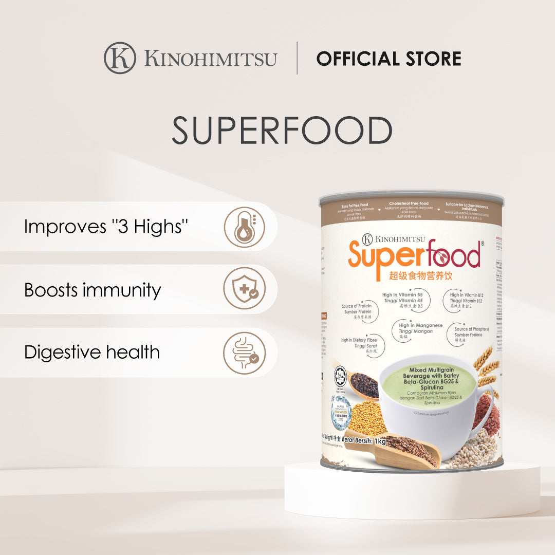 Kinohimitsu Superfood Malaysia product featuring a can with nutritional benefits text: improves '3 Highs', boosts immunity, and aids digestive health, highlighting its ingredients such as barley and spirulina.