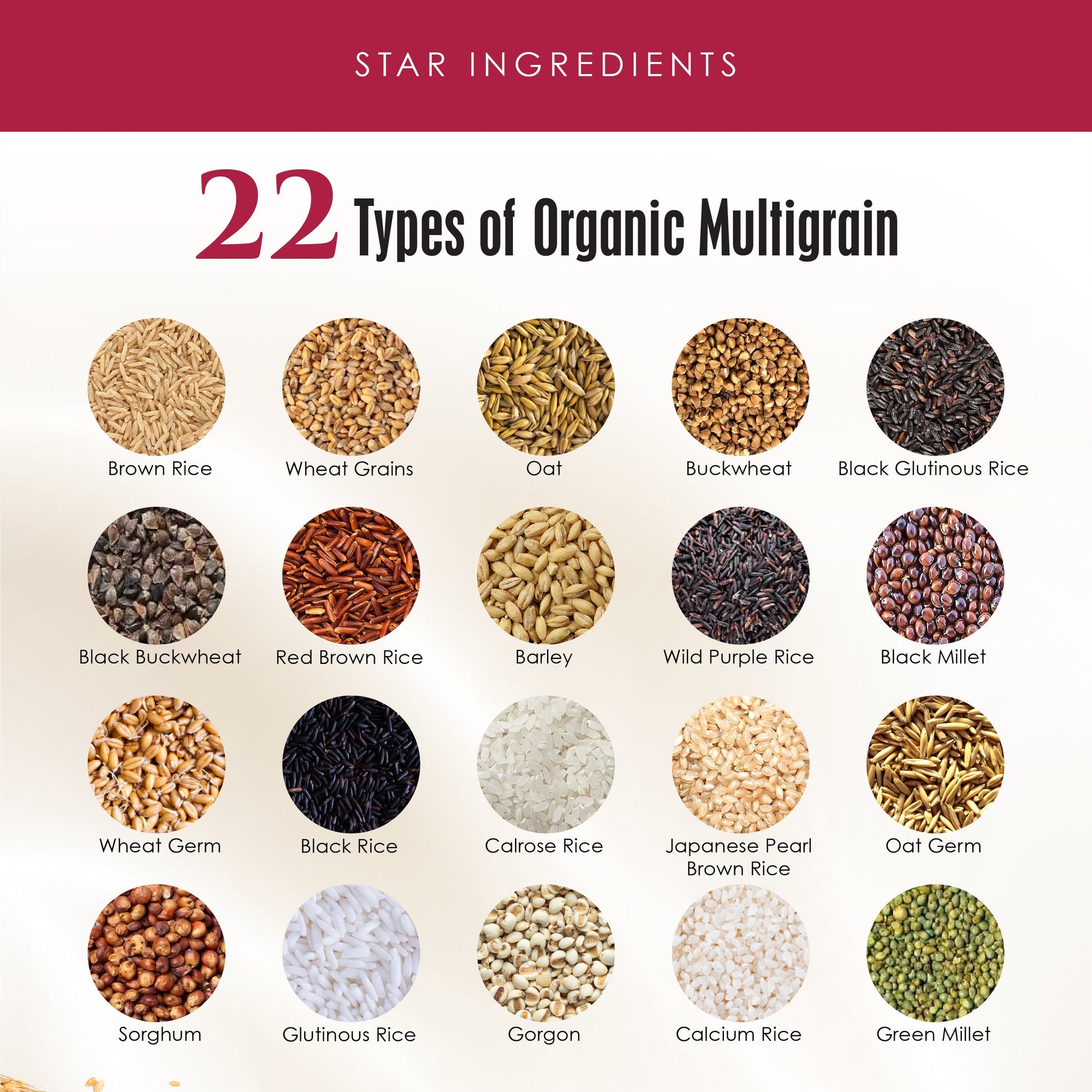 Image showing 22 types of organic multigrain including brown rice, wheat grains, oat, buckwheat, black glutinous rice, black buckwheat, red brown rice, barley, wild purple rice, black millet, wheat germ, black rice, Calrose rice, Japanese pearl brown rice, oat germ, sorghum, glutinous rice, gorgon, calcium rice, and green millet, featured as superfood ingredients by Kinohimitsu Malaysia.