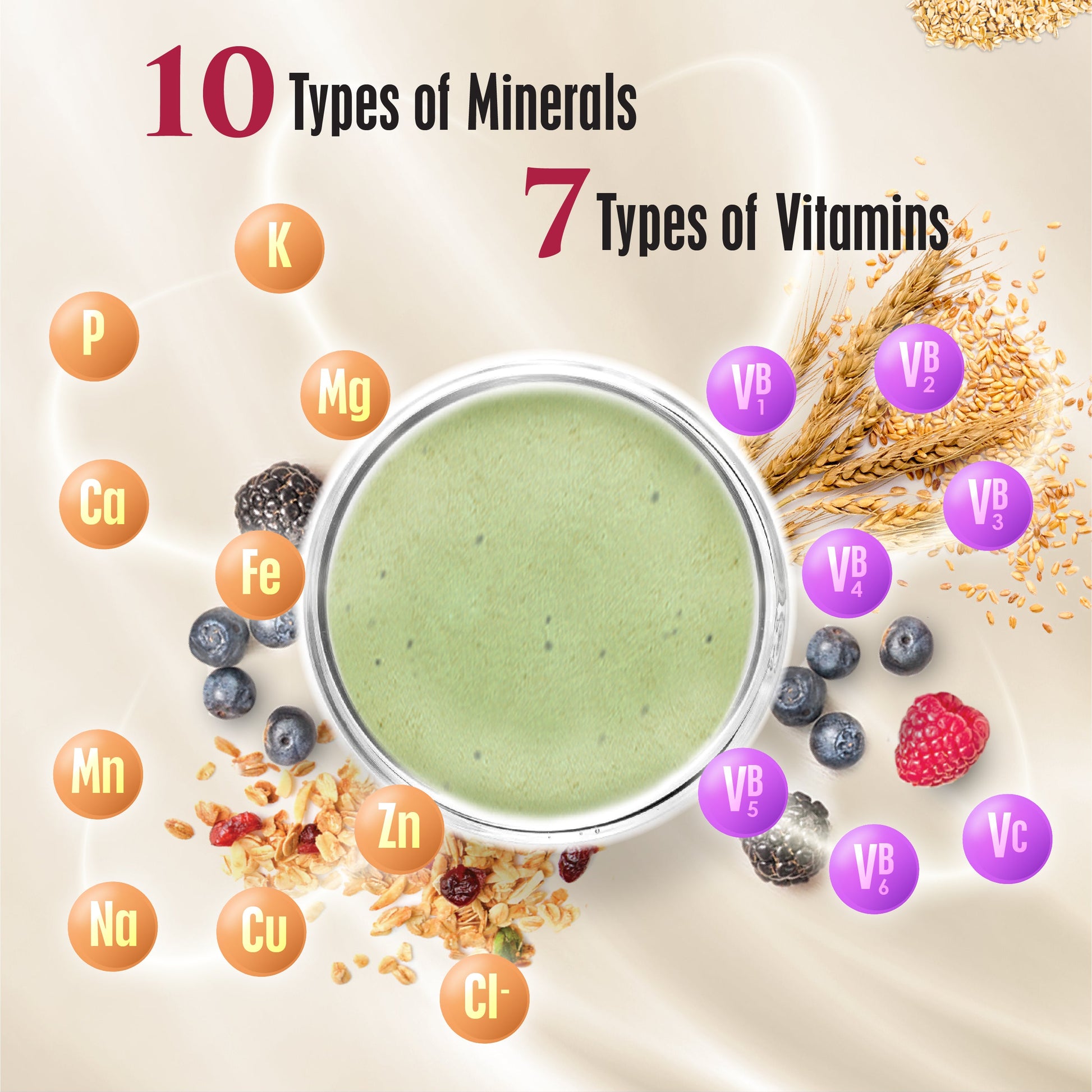 Image showing a bowl of green superfood surrounded by graphics of 10 types of minerals and 7 types of vitamins, including elements like potassium (K), calcium (Ca), and magnesium (Mg), alongside berries and grains, representing Kinohimitsu Malaysia's health benefits.