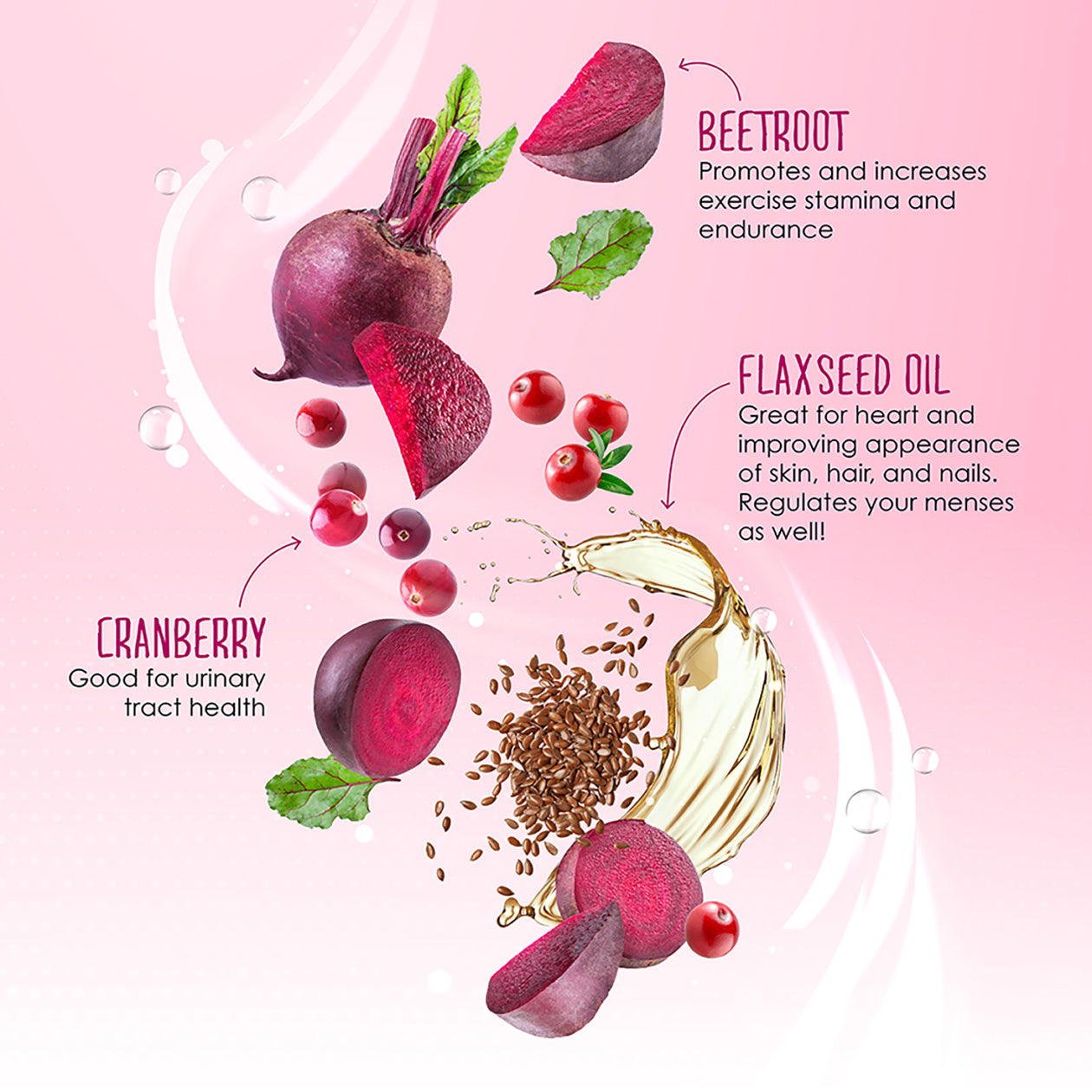Illustration of superfoods including beetroots, cranberries, and flaxseed oil on a pink background. Text highlights the benefits: beetroot for exercise stamina, cranberry for urinary tract health, and flaxseed oil for heart health and appearance of skin, hair, and nails. Kinohimitsu Malaysia branding.