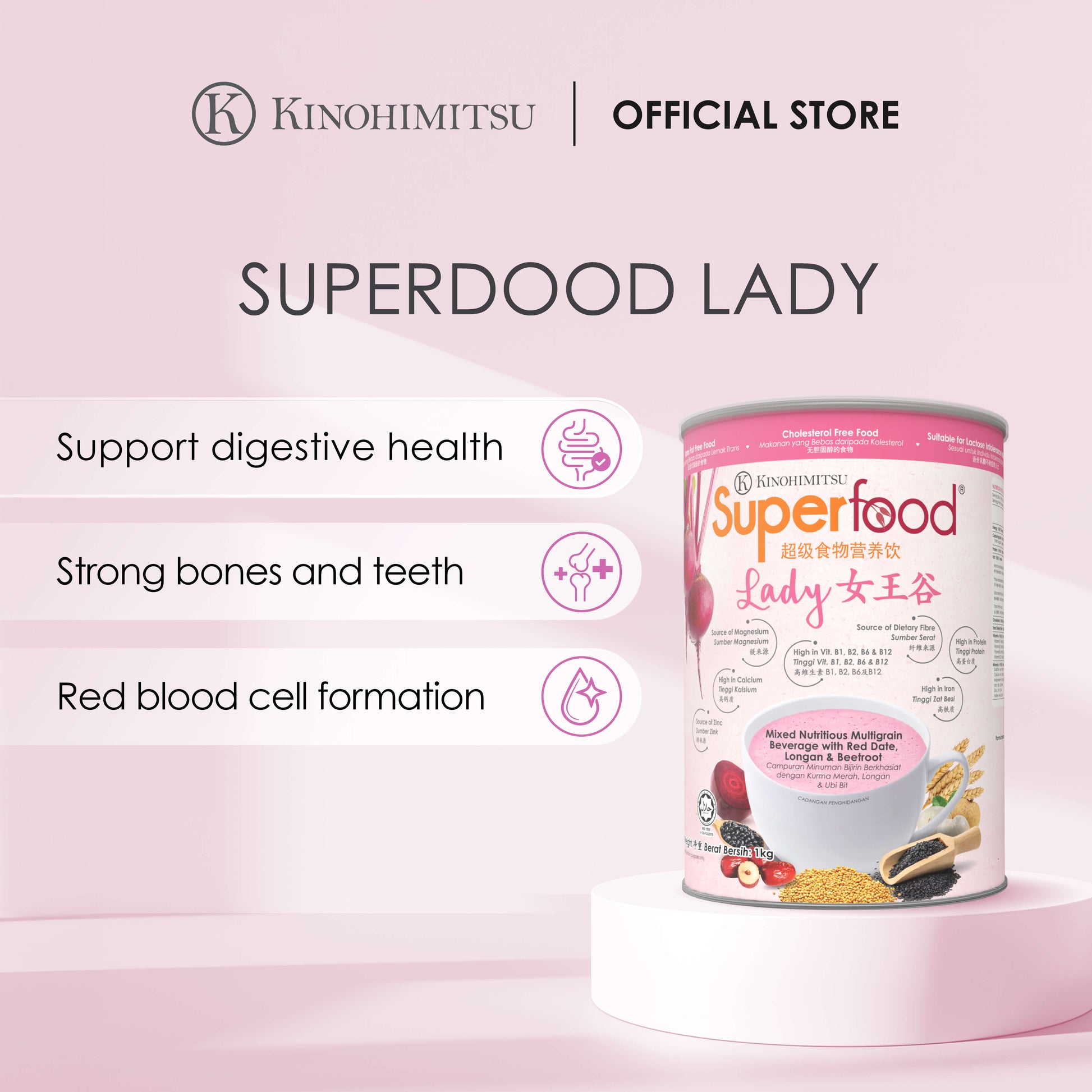 Kinohimitsu Superfood Lady product advertisement highlighting benefits such as digestive health support, strong bones and teeth, and red blood cell formation. The image features the product packaging with details of ingredients like red date, longan, and beetroot, set against a pink background.