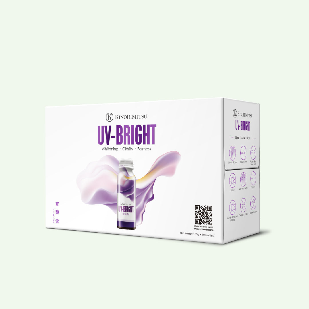 Packaging of Kinohimitsu UV-Bright supplement, featuring a sleek white box with purple accents and a visible bottle, highlighting its benefits for whitening, clarity, and fairness.