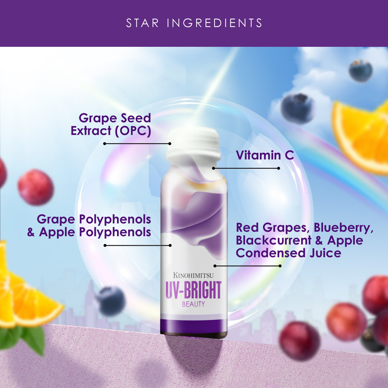 Kinohimitsu UV Bright Beauty Drink star ingredients: grape seed extract (OPC), grape polyphenols, apple polyphenols, vitamin C, and condensed juices of red grape, blueberry, blackcurrant, and apple. Vibrant fruity background with rainbow effect