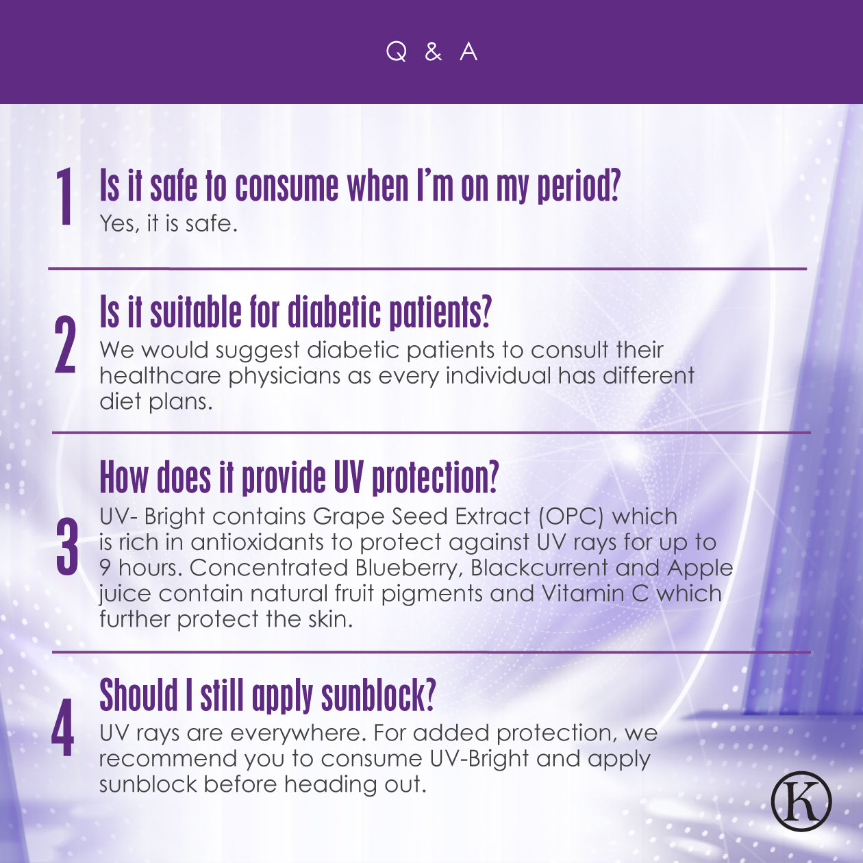UV Bright Q&A section from Kinohimitsu Malaysia, answering questions about safety during menstruation, suitability for diabetic patients, UV protection benefits using grape seed extract, and recommending sunblock use with UV Bright.