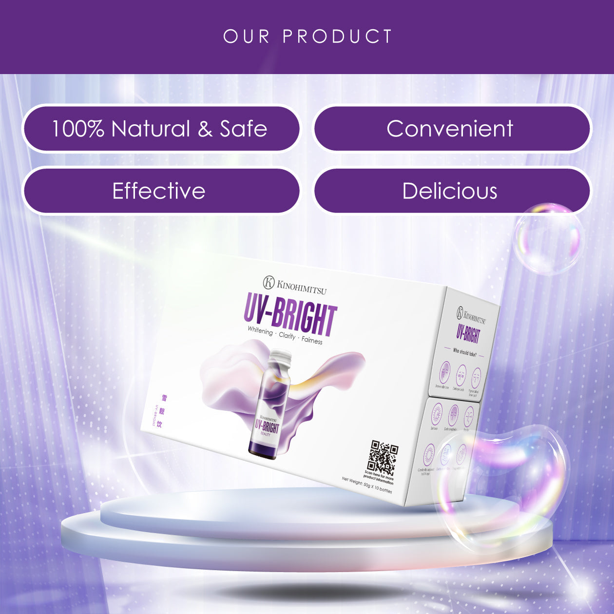 Kinohimitsu UV Bright product packaging displayed on a podium backdrop with purple hues. The image highlights features like '100% Natural & Safe', 'Convenient', 'Effective', and 'Delicious'.