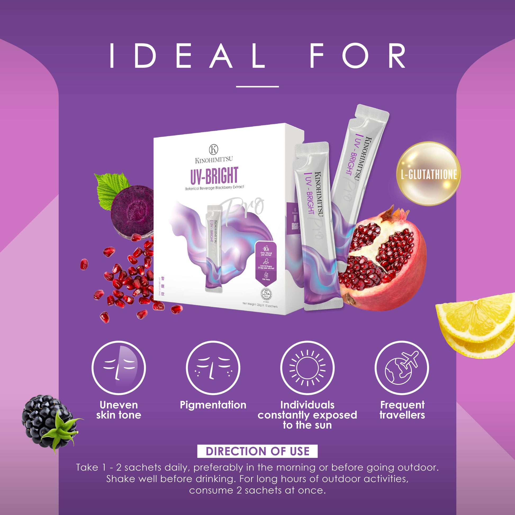 Image of Kinohimitsu UV Bright Pro supplement packaging with sachets, surrounded by images of pomegranate, lemon, and blackcurrant. The image highlights benefits such as improving uneven skin tone, pigmentation, and protection for individuals exposed to the sun, ideal for travelers. Instructions for use indicate consuming 1-2 sachets daily.