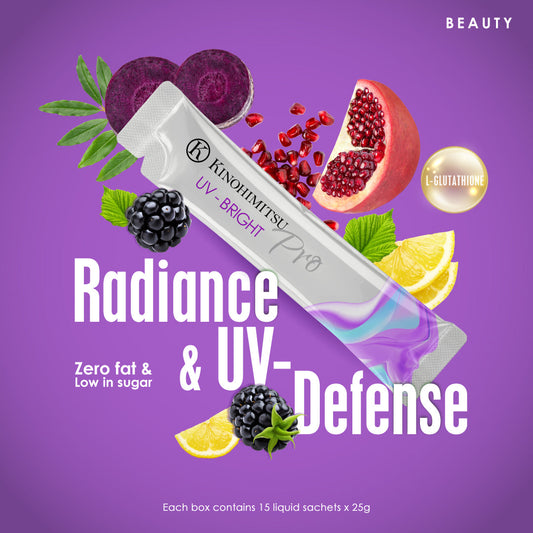 Kinohimitsu UV Bright Pro sachet surrounded by blackberries, lemon slices, pomegranate, and beetroot over a purple background with text promoting 'Radiance & UV-Defense' and highlighting 'Zero fat & Low in sugar'. Contains 15 liquid sachets with L-Glutathione.