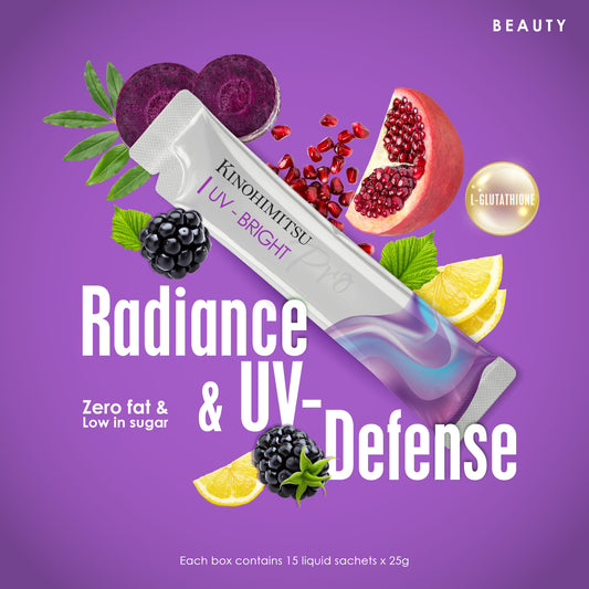 Kinohimitsu UV Bright Pro sachet surrounded by blackberries, lemon slices, pomegranate, and beetroot over a purple background with text promoting 'Radiance & UV-Defense' and highlighting 'Zero fat & Low in sugar'. Contains 15 liquid sachets with L-Glutathione.