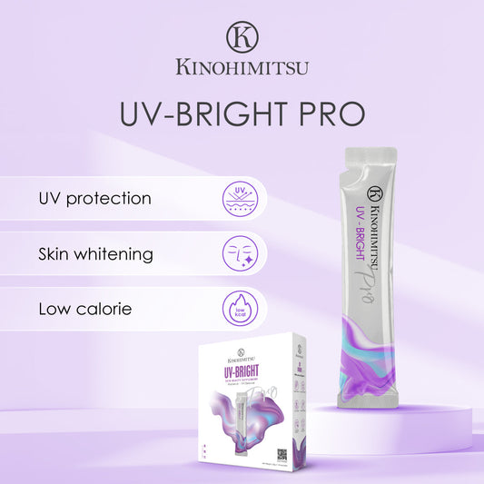 Kinohimitsu UV Bright Pro product packaging highlighting features like UV protection, skin whitening, and low calorie.