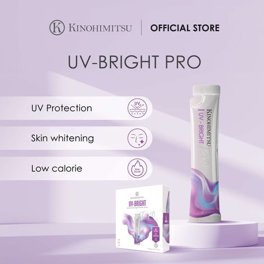 Kinohimitsu UV Bright Pro product packaging highlighting features like UV protection, skin whitening, and low calorie.