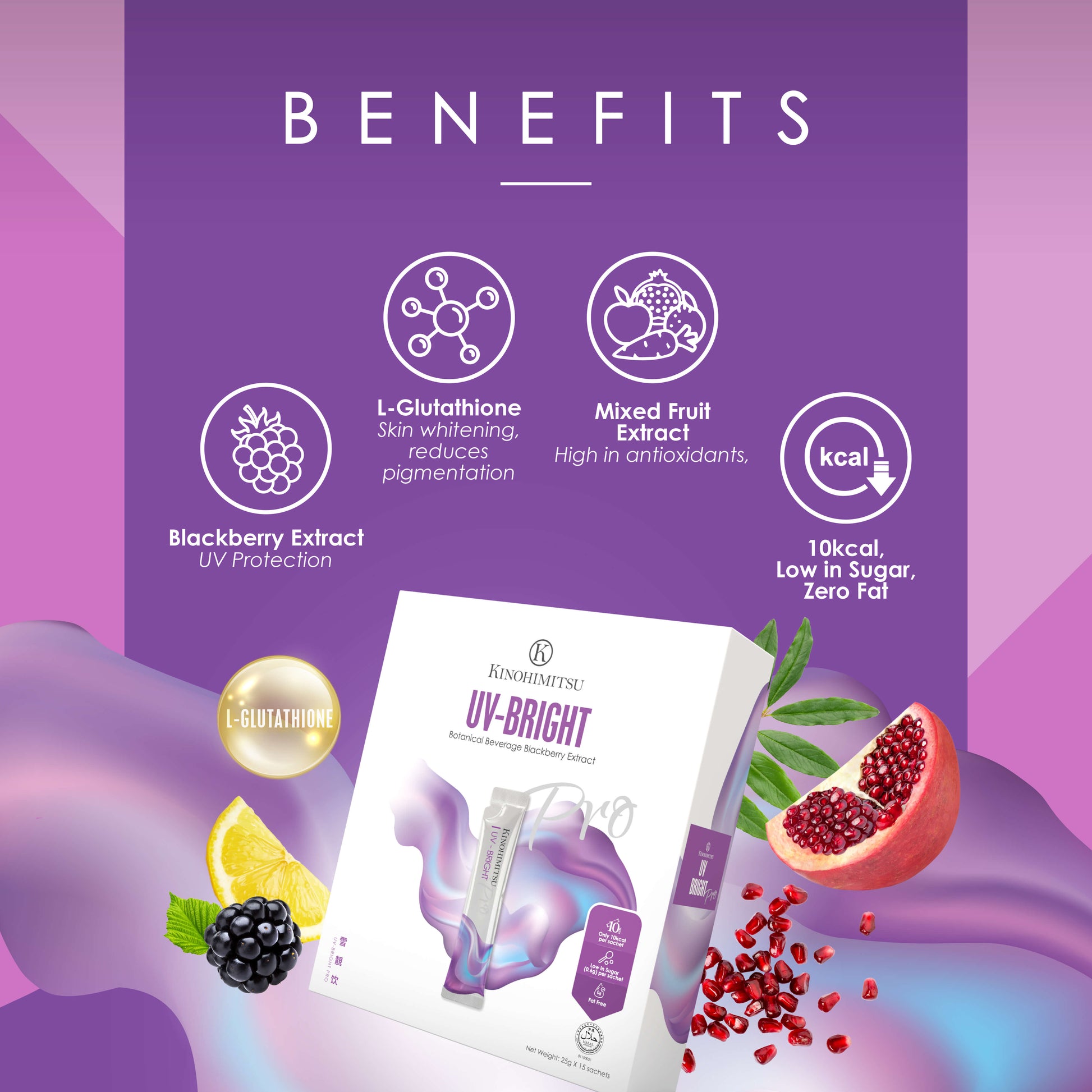 Kinohimitsu UV Bright Pro product packaging with health benefits; features L-Glutathione for skin whitening and reduced pigmentation, Mixed Fruit Extract high in antioxidants, and Blackberry Extract for UV protection. The drink is 10kcal, low in sugar, and zero fat. Includes images of blackberries, pomegranate, and lemons on a purple background.