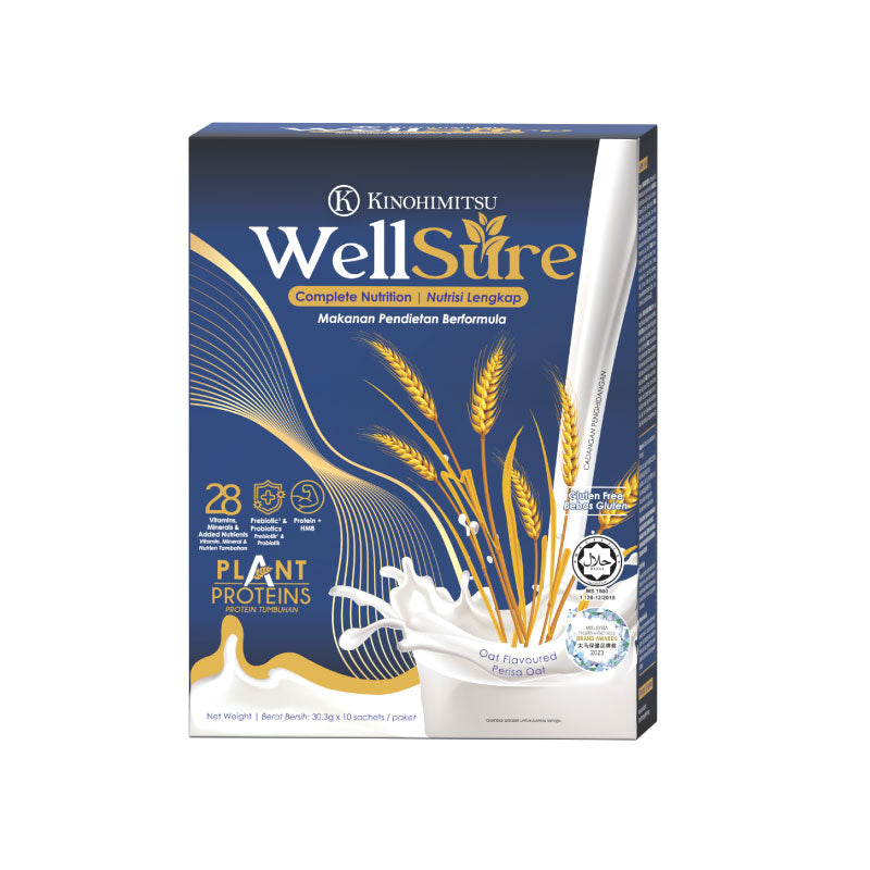 Kinohimitsu WellSure complete nutrition plant protein powder in blue and gold box, oat flavour with 28 vitamins and minerals, prebiotic fiber, CaHMB, and protein to support muscle strength and healthy aging.