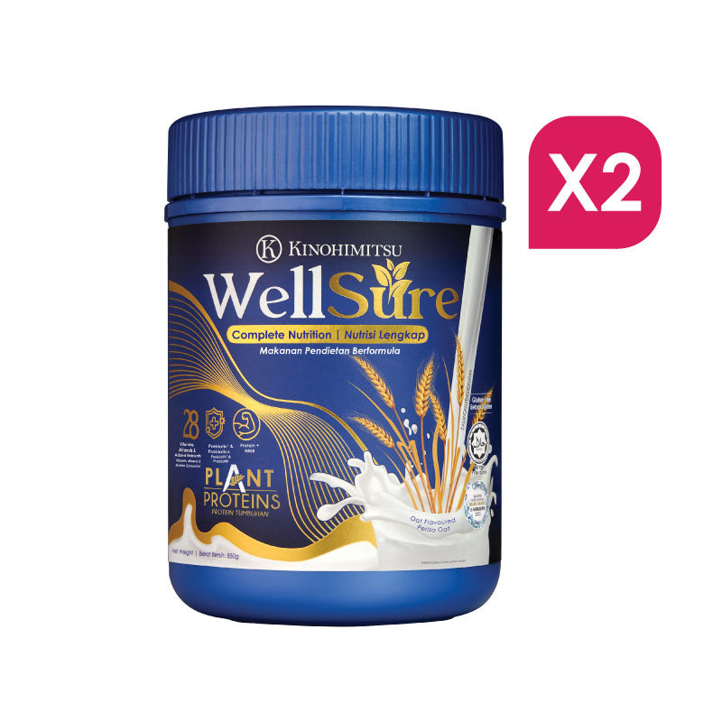Kinohimitsu WellSure complete nutrition plant protein powder in blue container with gold wheat design, formulated with 28 vitamins and minerals to support muscle strength, protein needs, and overall health. Double pack (x2) shown