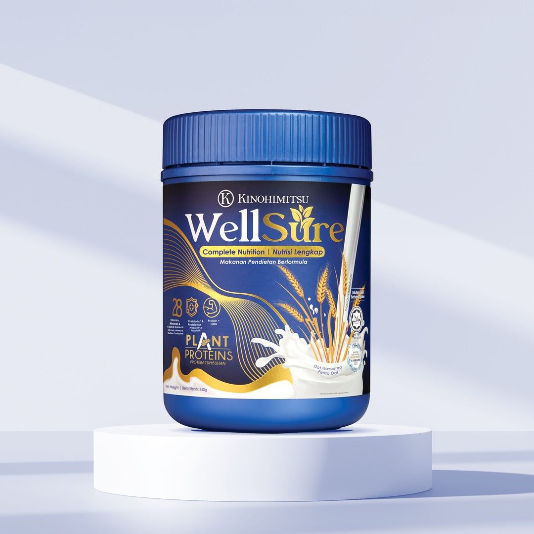 Kinohimitsu Wellsure complete nutrition product with plant proteins in a blue container, featuring a wheat and milk design on the label. Kinohimitsu Wellsure plant-based protein supplement jar on display, showcasing complete nutrition in elegant blue packaging with nutrition icons.