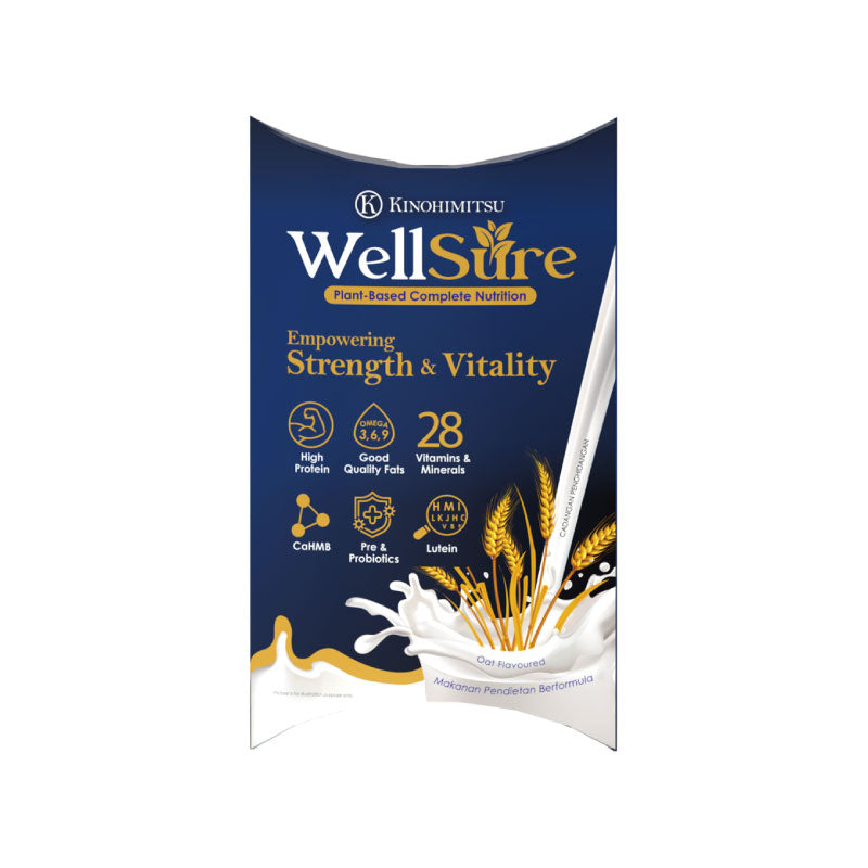 Wellsure plant-based nutrition package from Kinohimitsu Malaysia, featuring benefits such as high protein, good quality fats, omega 3, 6, 9, 28 vitamins and minerals, CoHMB, prebiotics, probiotics, lutein. Oat flavored with an emphasis on empowering strength and vitality. Wellsure plant-based nutrition by Kinohimitsu Malaysia featuring high protein, Omega 3, 6, 9 fatty acids, 28 vitamins and minerals, CoHMB, prebiotics, probiotics, and lutein for strength and vitality. Oat flavored nutrition formula.