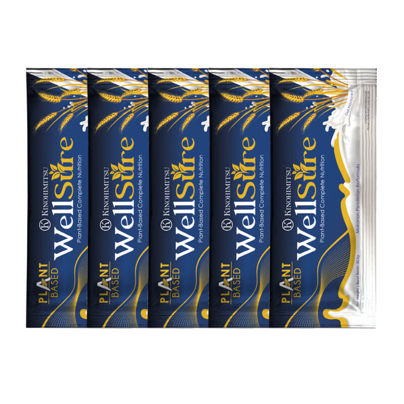 Kinohimitsu Wellsure plant-based nutrition packets, blue and gold packaging, displayed in a row. Kinohimitsu Wellsure Plant-Based Nutrition Packets – Image of five blue and gold packets of Kinohimitsu Wellsure plant-based complete nutrition, featuring a wheat graphic and product branding.