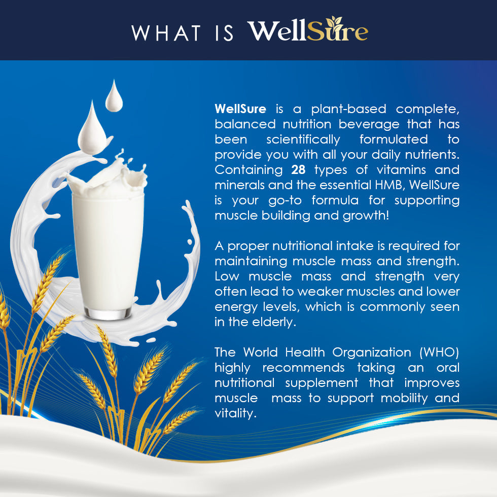Wellsure – Kinohimitsu Malaysia promotional image highlighting the benefits of Wellsure, a plant-based nutritional beverage. The image features a glass of milk with splashes and text explaining the nutrients it contains, specifically the 28 types of vitamins and minerals, and its benefits for muscle strength and growth. Suitable for elderly support as recommended by the WHO for mobility and vitality. Image promoting Wellsure, a plant-based balanced nutrition beverage by Kinohimitsu Malaysia. Features a glas