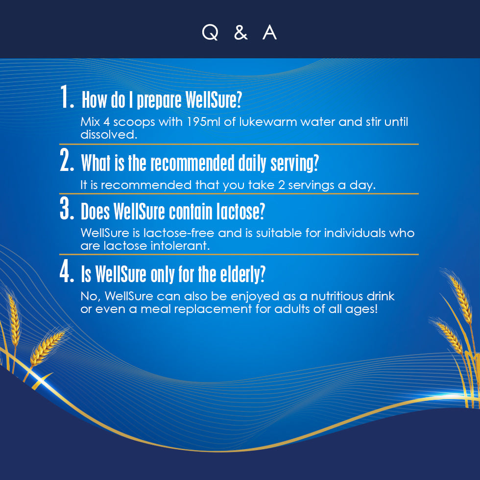 Infographic on WellSure by Kinohimitsu Malaysia providing answers to common questions, including preparation instructions, recommended daily serving, lactose content, and suitability for different ages. The background is blue with wheat graphics.
