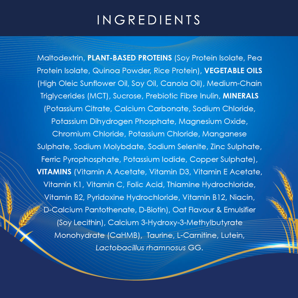 Ingredients list for Wellsure by Kinohimitsu Malaysia, featuring plant-based proteins like soy protein isolate and quinoa powder, vegetables oils including sunflower and soy oil, and a variety of vitamins and minerals such as Vitamin A, C, B12, calcium, and potassium. Includes prebiotic fiber inulin and Lactobacillus rhamnosus GG for gut health.