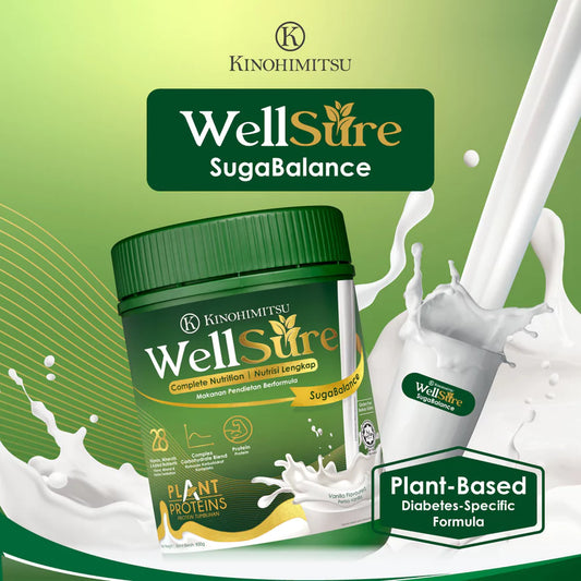 Kinohimitsu WellSure SugaBalance – Plant-based diabetes-specific complete nutrition formula with plant proteins and slow-release carbohydrates.