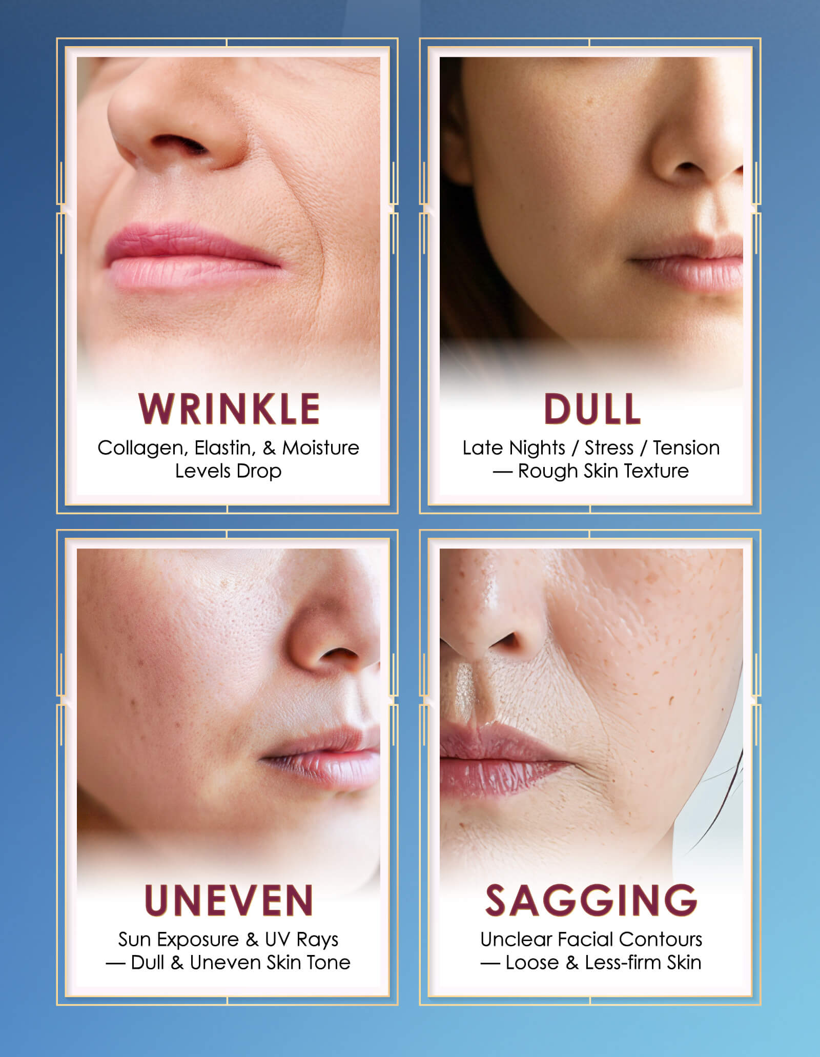Signs of ageing including wrinkles dull skin uneven tone and sagging skin
