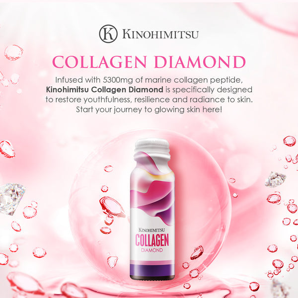 Kinohimitsu Collagen Diamond product image showing a bottle labeled with 'Collagen Diamond', surrounded by pink liquid and diamond-like elements, highlighting features of marine collagen peptide for youthful skin. Promotional image of Kinohimitsu Collagen Diamond drink, featuring a bottle design with pink and purple hues, surrounded by illustrations of diamonds and transparent bubbles, highlighting benefits of marine collagen peptide for youthful and radiant skin. Image of Kinohimitsu Collagen Diamond.