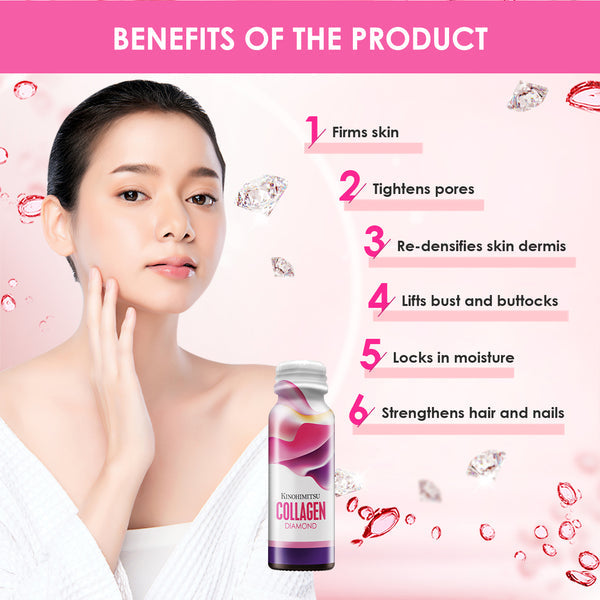 Woman with radiant skin holding a Kinohimitsu Collagen Diamond bottle against a pink background with scattered diamond graphics. Text highlights product benefits: 1. Firms skin, 2. Tightens pores, 3. Re-densifies skin dermis, 4. Lifts bust and buttocks, 5. Locks in moisture, 6. Strengthens hair and nails. Image featuring a woman with glowing skin holding a bottle of Kinohimitsu Collagen Diamond. Benefits: firms skin, tightens pores, re-densifies dermis, lifts bust and buttocks, locks in moisture, strengthen