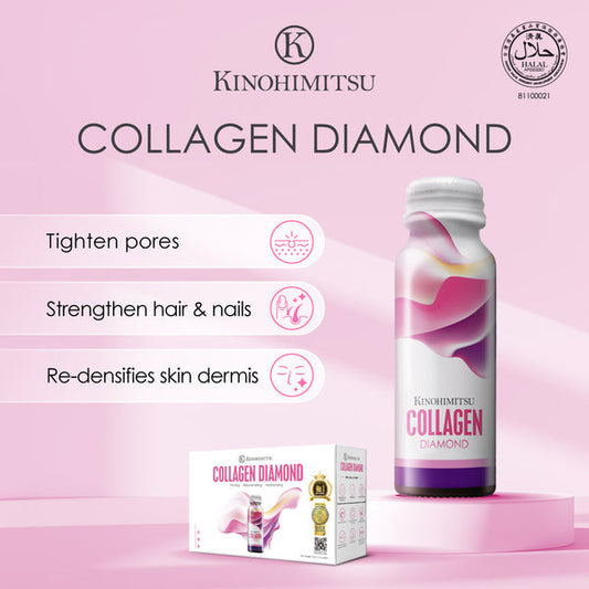 Kinohimitsu Collagen Diamond supplement, Malaysia. Pink themed design showcases benefits: tightening pores, strengthening hair and nails, re-densifying skin dermis. Includes product bottle and packaging with Halal certification logo. Collagen Diamond product by Kinohimitsu Malaysia displayed with benefits like tightening pores, strengthening hair and nails, and re-densifying skin dermis, featuring a bottle and packaging against a pink background. Kinohimitsu Collagen Diamond product featuring a bottle and b