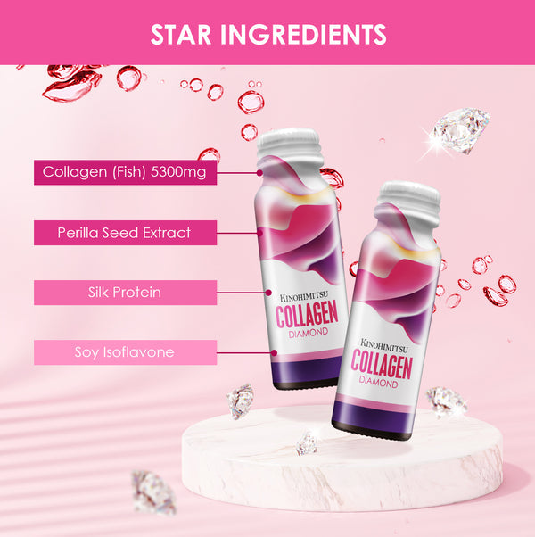 Kinohimitsu Collagen Diamond bottles displayed with 'Star Ingredients' labels including Collagen (Fish) 5300mg, Perilla Seed Extract, Silk Protein, and Soy Isoflavone on a pink background with diamond and water drop visuals. Kinohimitsu Collagen Diamond bottles against a pink background, highlighting star ingredients: 5300mg fish collagen, perilla seed extract, silk protein, and soy isoflavone, with sparkling water and diamond visuals. Image of Kinohimitsu Collagen Diamond bottles with star ingredients list