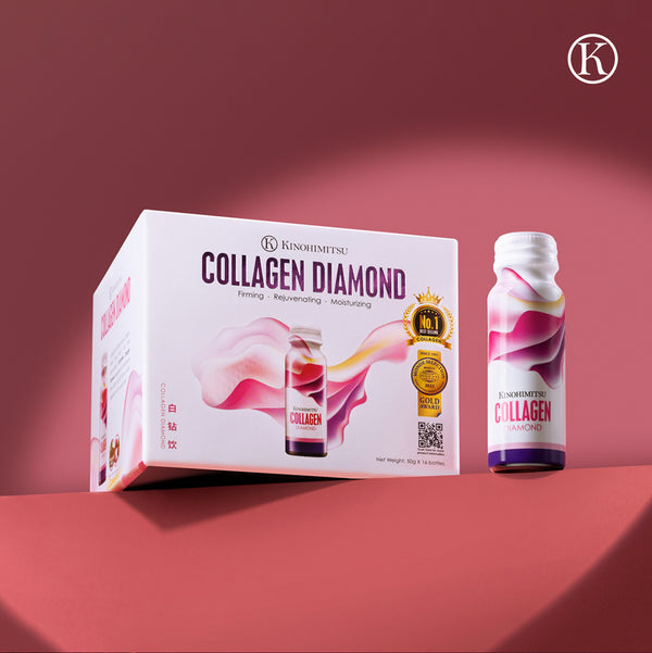 Image of Kinohimitsu Collagen Diamond product packaging and bottle, featuring vibrant colors and emphasizing benefits such as firming, rejuvenating, and moisturizing. The packaging displays gold awards and a QR code, set against a stylish, gradient background. Ideal for skincare and beauty enhancement keywords in Malaysia. Kinohimitsu Collagen Diamond product packaging featuring a box and a bottle with design elements emphasizing firming, rejuvenating, and moisturizing properties. Collagen Diamond