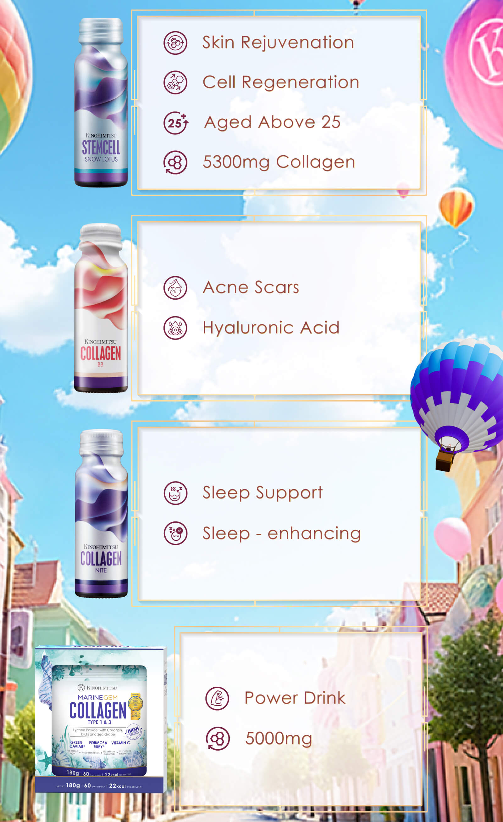 Different Kinohimitsu collagen drinks for skin sleep repair and hydration