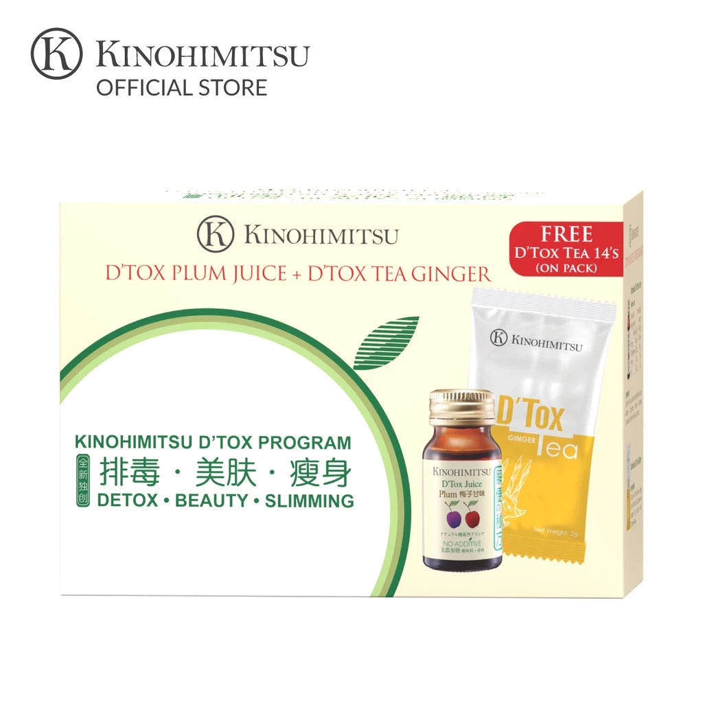 Kinohimitsu D’tox Program bundle with D’tox Plum Juice 6 bottles and D’tox Ginger Tea 14 tea bags for detox, digestion and slimming support.