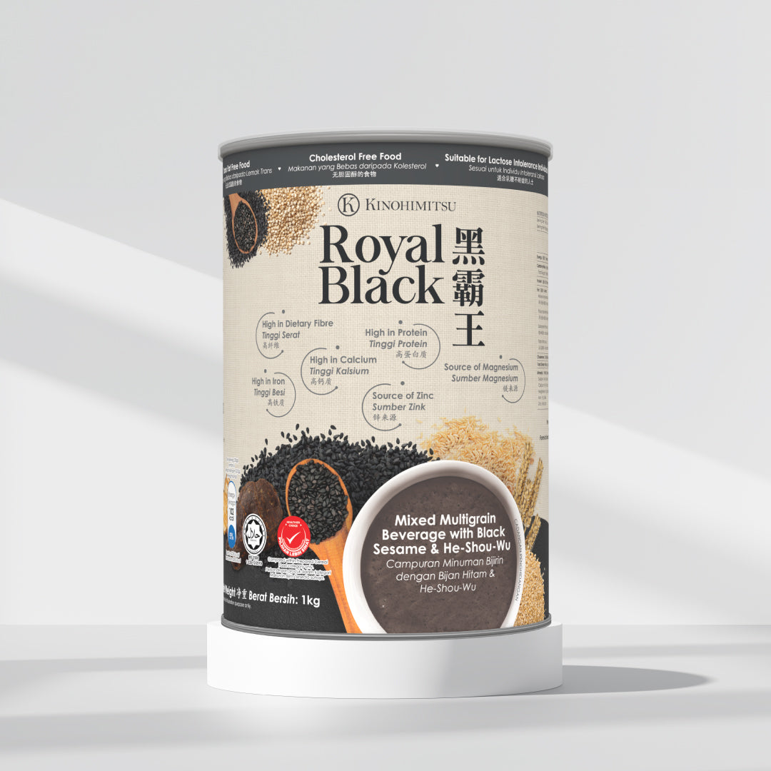 Kinohimitsu Royal Black mixed multigrain beverage can featuring black sesame and He-Shou-Wu, marketed as cholesterol-free and suitable for lactose-intolerant individuals. Contains high dietary fiber, protein, calcium, iron, zinc, and magnesium.