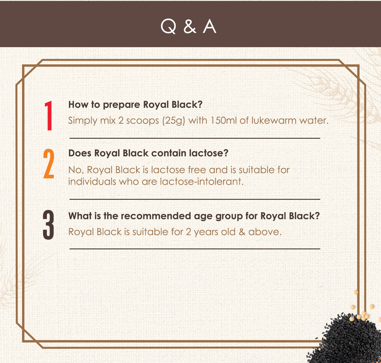 Q&A section about Royal Black by Kinohimitsu Malaysia, providing information on preparation, lactose content, and recommended age group. The preparation involves mixing 2 scoops with lukewarm water. The product is lactose-free, suitable for lactose-intolerant individuals, and recommended for ages 2 and above.