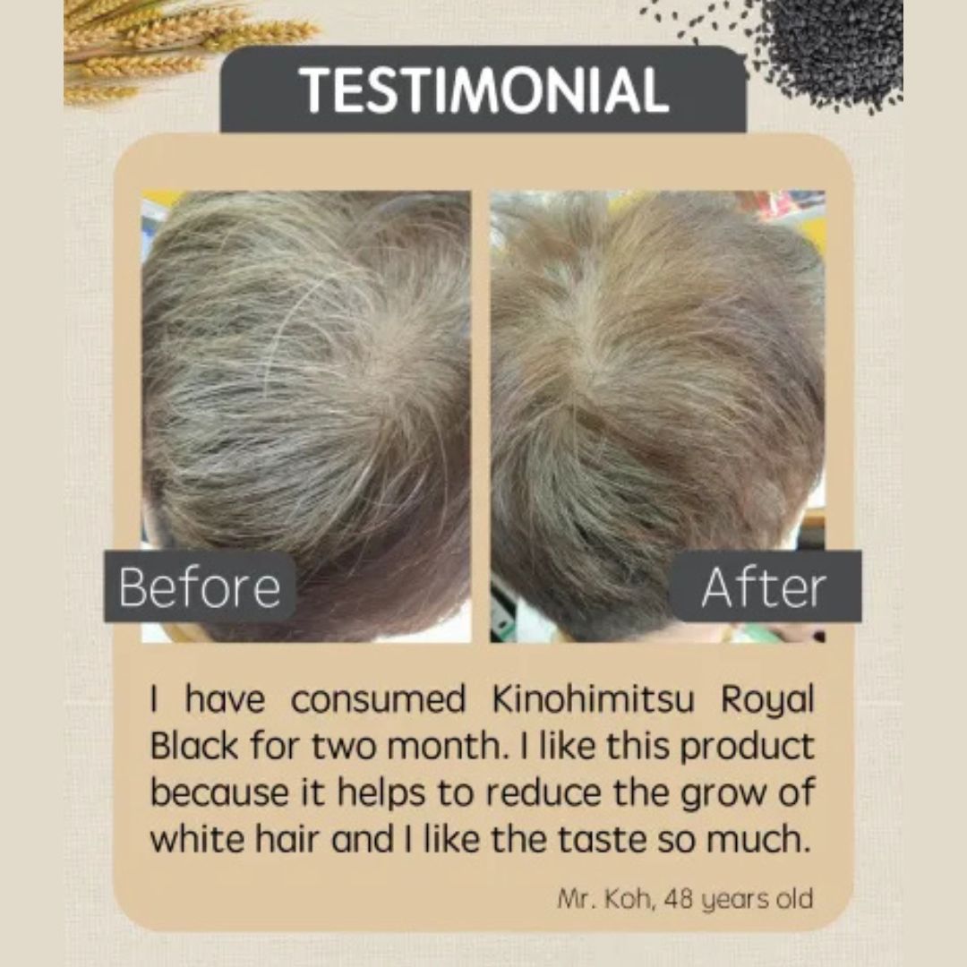 Testimonial for Kinohimitsu Royal Black by Mr. Koh, 48. Before-and-after images show reduced white hair after 2 months. He enjoys the taste and benefits of the multigrain formula.