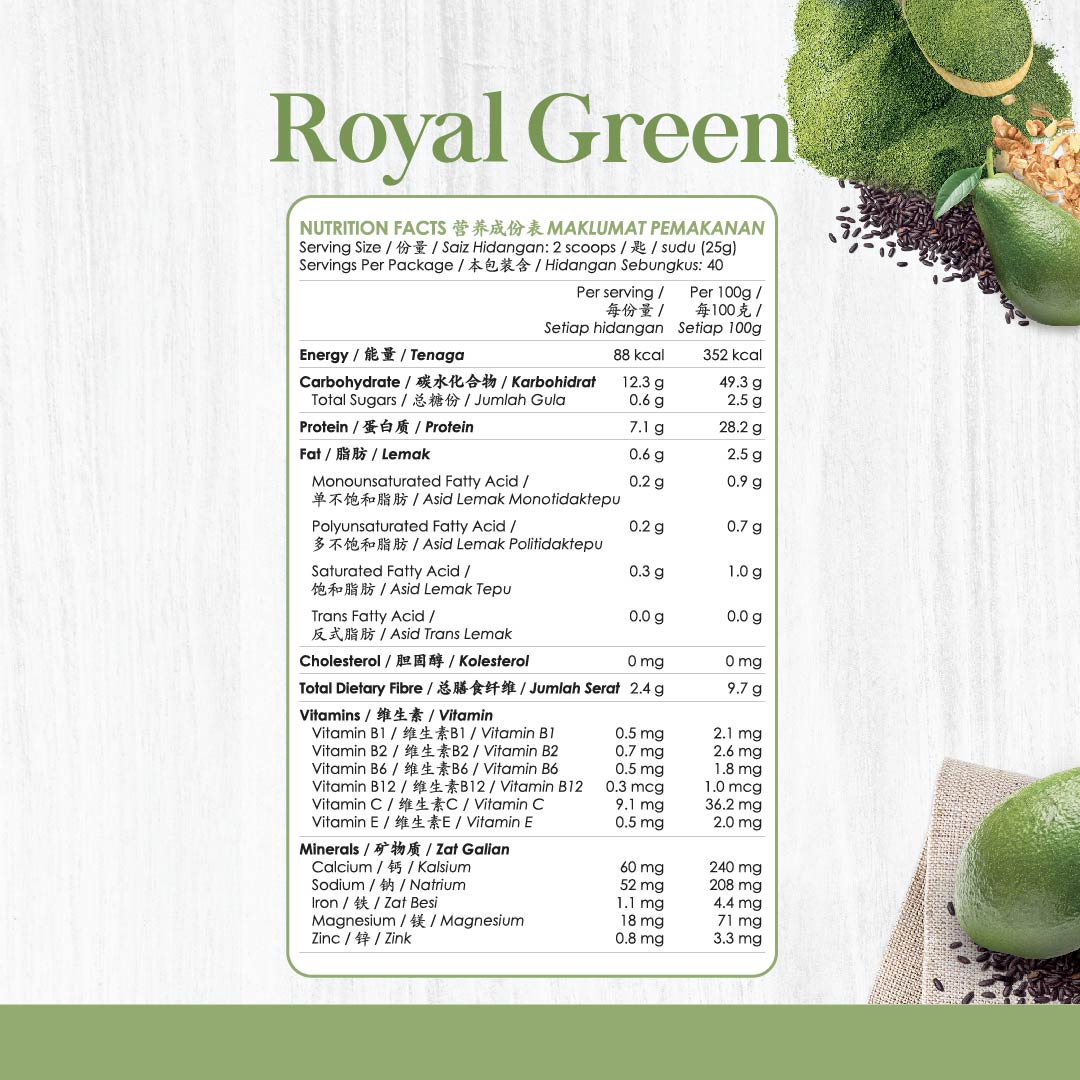 Kinohimitsu Royal Green nutrition facts label showing calorie count, fibre content, vitamins, minerals, and plant-based ingredients such as avocado mix, oat fibre, spirulina, and grains.