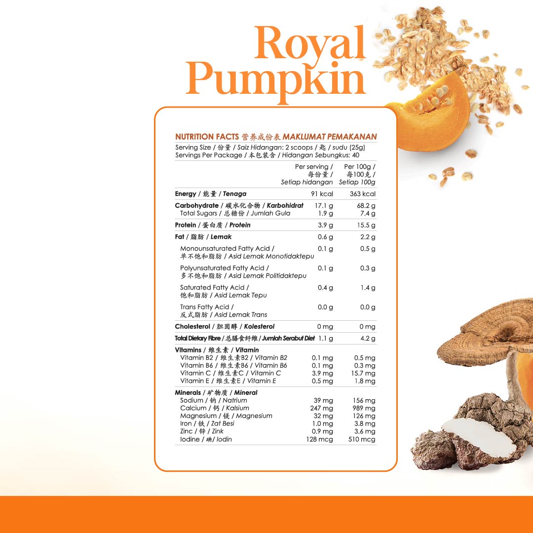 Kinohimitsu Royal Pumpkin nutrition facts label highlighting pumpkin, oats, and plant-based nutrients, including fibre, vitamins, minerals, and macronutrient breakdown.