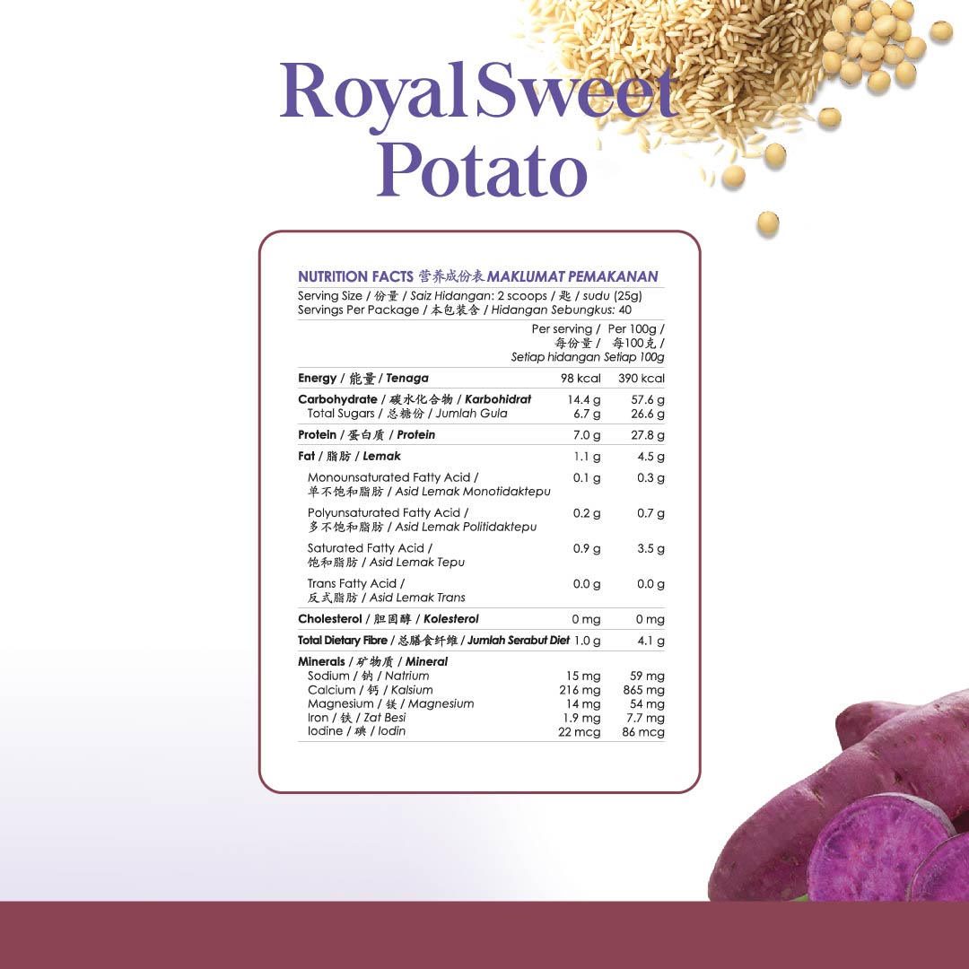 Kinohimitsu Royal Sweet Potato nutrition label with calories, sugar, protein, fibre content, and multigrain ingredients.