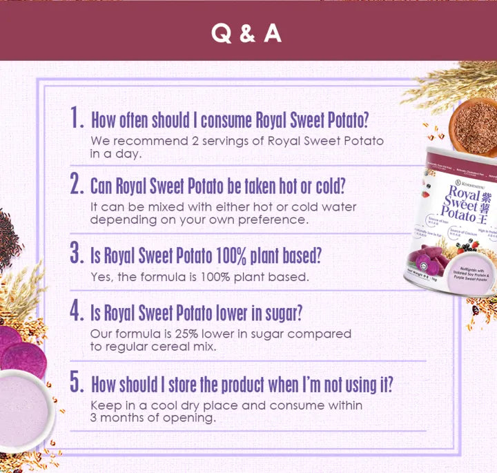 Kinohimitsu Royal Sweet Potato Q&A showing serving guide, plant-based formula, sugar level and storage instructions.