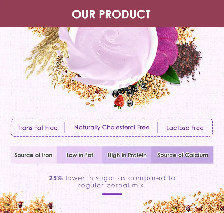 Kinohimitsu Royal Sweet Potato benefits including trans fat free, high protein, low sugar and source of calcium.