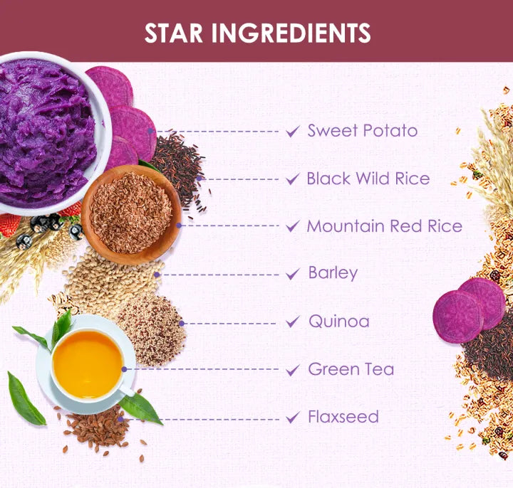 Kinohimitsu Royal Sweet Potato star ingredients featuring purple sweet potato, grains, quinoa, flaxseed and green tea.