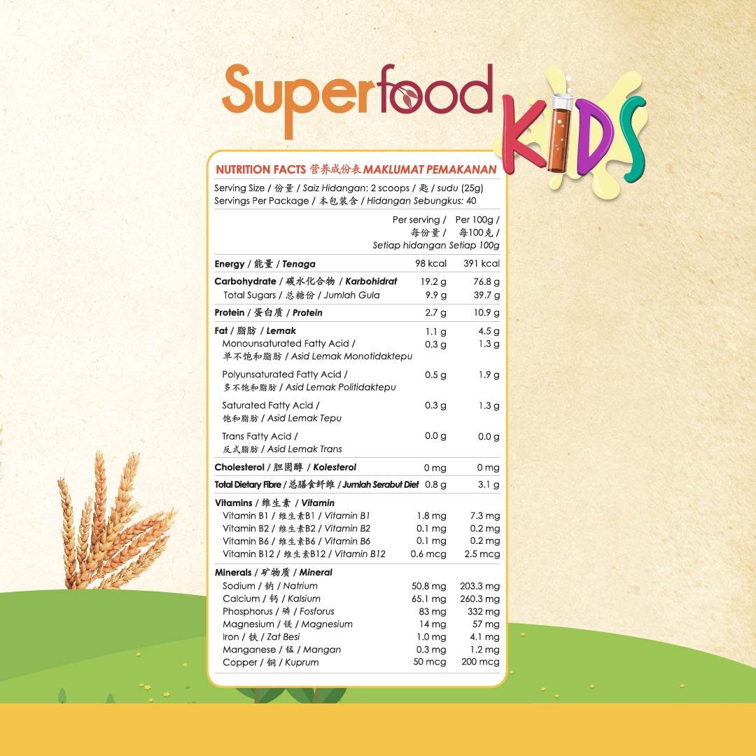 Kinohimitsu Superfood Kids nutrition facts label showing child-friendly formulation with grains, fibre, vitamins, minerals, and energy content for growth and development