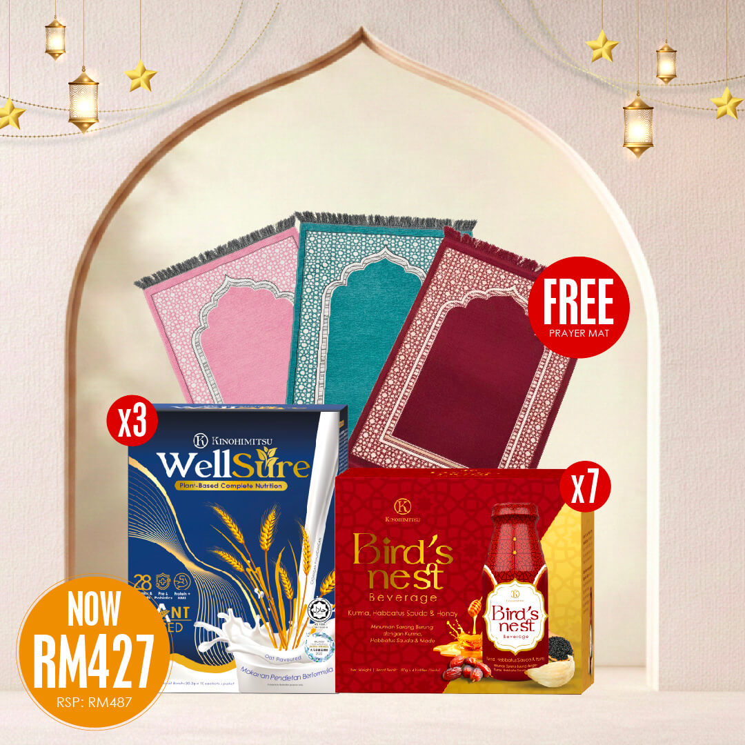 Ramadan promotion bundle with Kinohimitsu WellSure plant-based nutrition and Bird’s Nest beverage set with free prayer mat gift