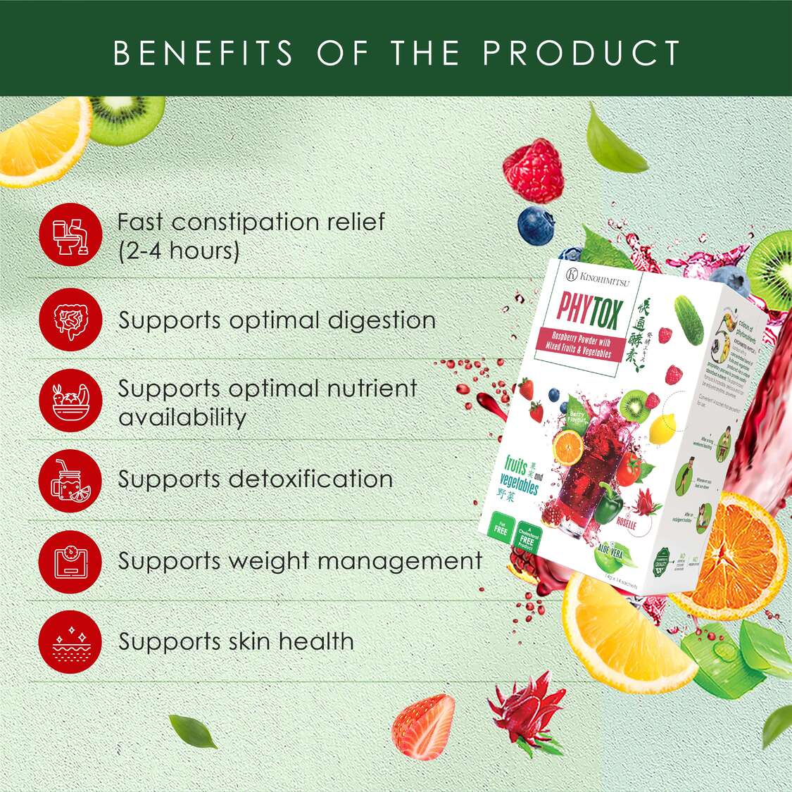 Phytox benefits — fast constipation relief (2–4 hours, sembelit), better digestion, improved nutrient availability, detox support, weight management, skin health