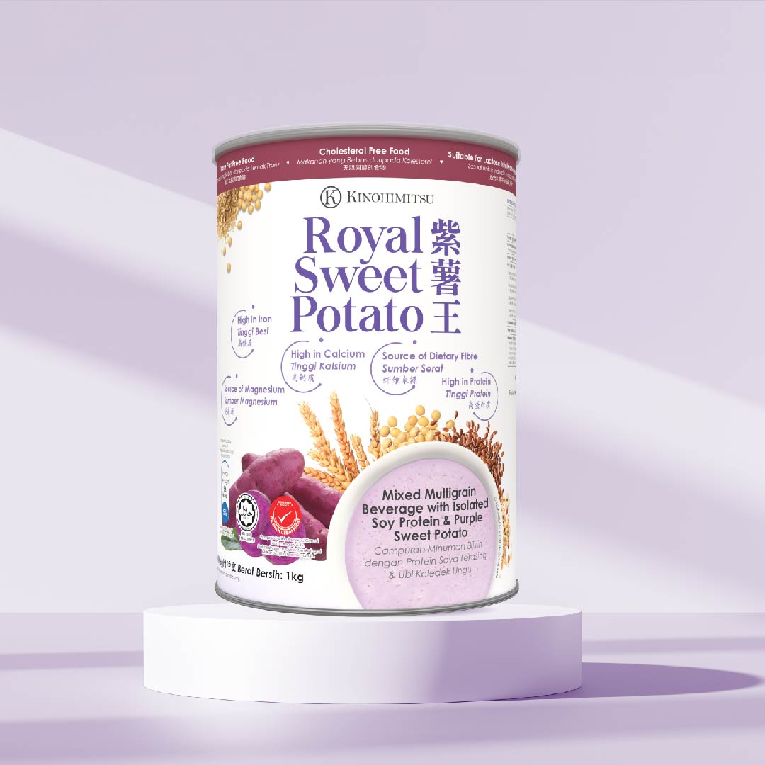 Kinohimitsu Royal Sweet Potato 1kg multigrain beverage can on purple studio background.