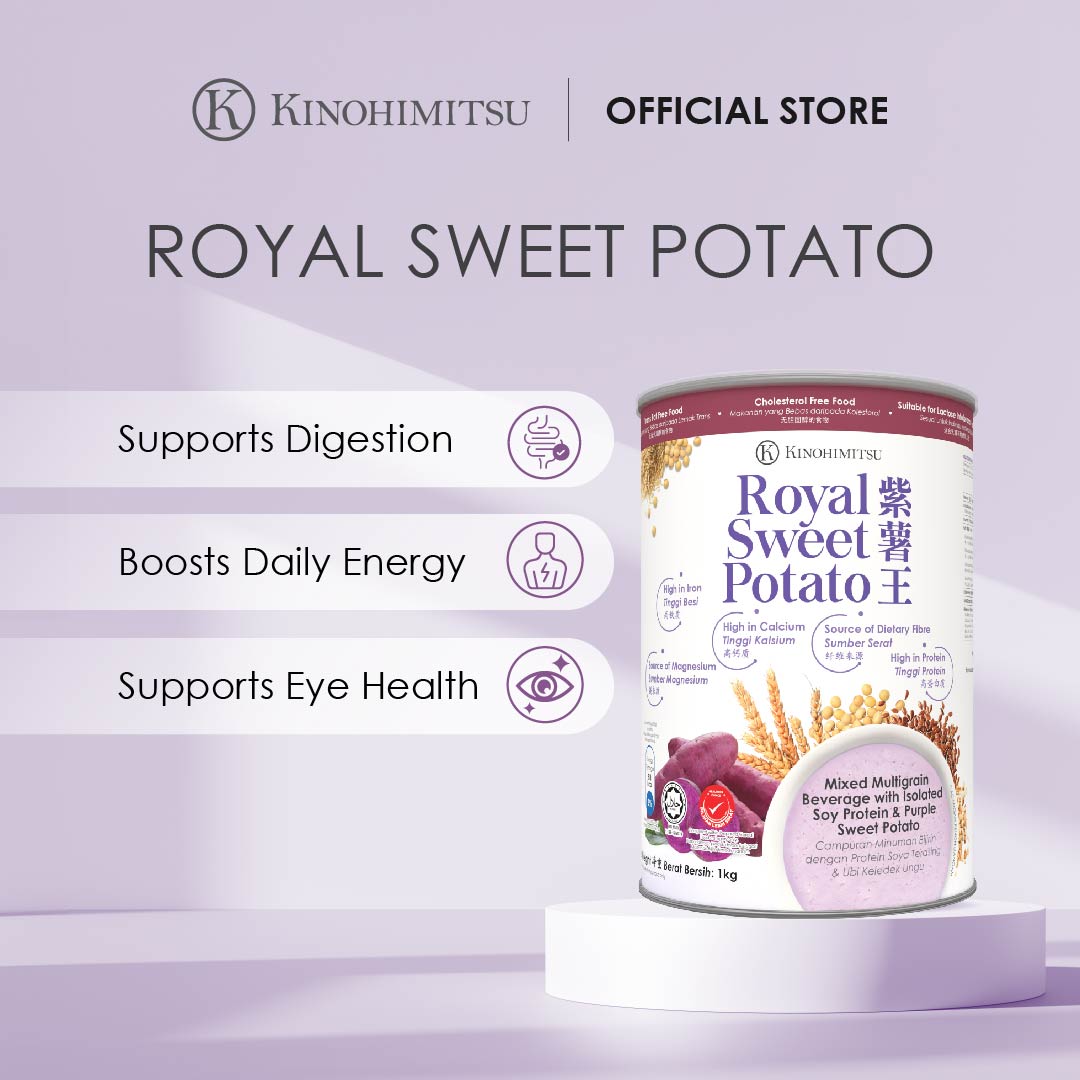 Kinohimitsu Royal Sweet Potato with key benefits: supports digestion, boosts daily energy, supports eye health.
