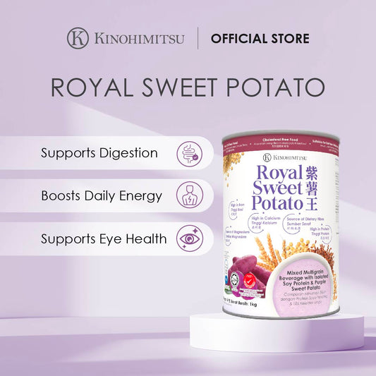 Kinohimitsu Royal Sweet Potato with key benefits: supports digestion, boosts daily energy, supports eye health.